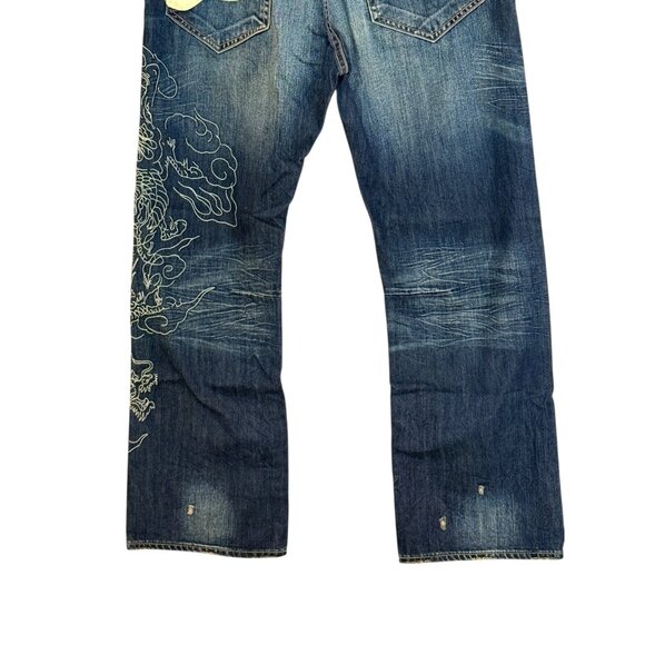 Ed Hardy by Christian Audigier Men's Dragon Embroidered Jeans Distressed Blue Si - Picture 6 of 11
